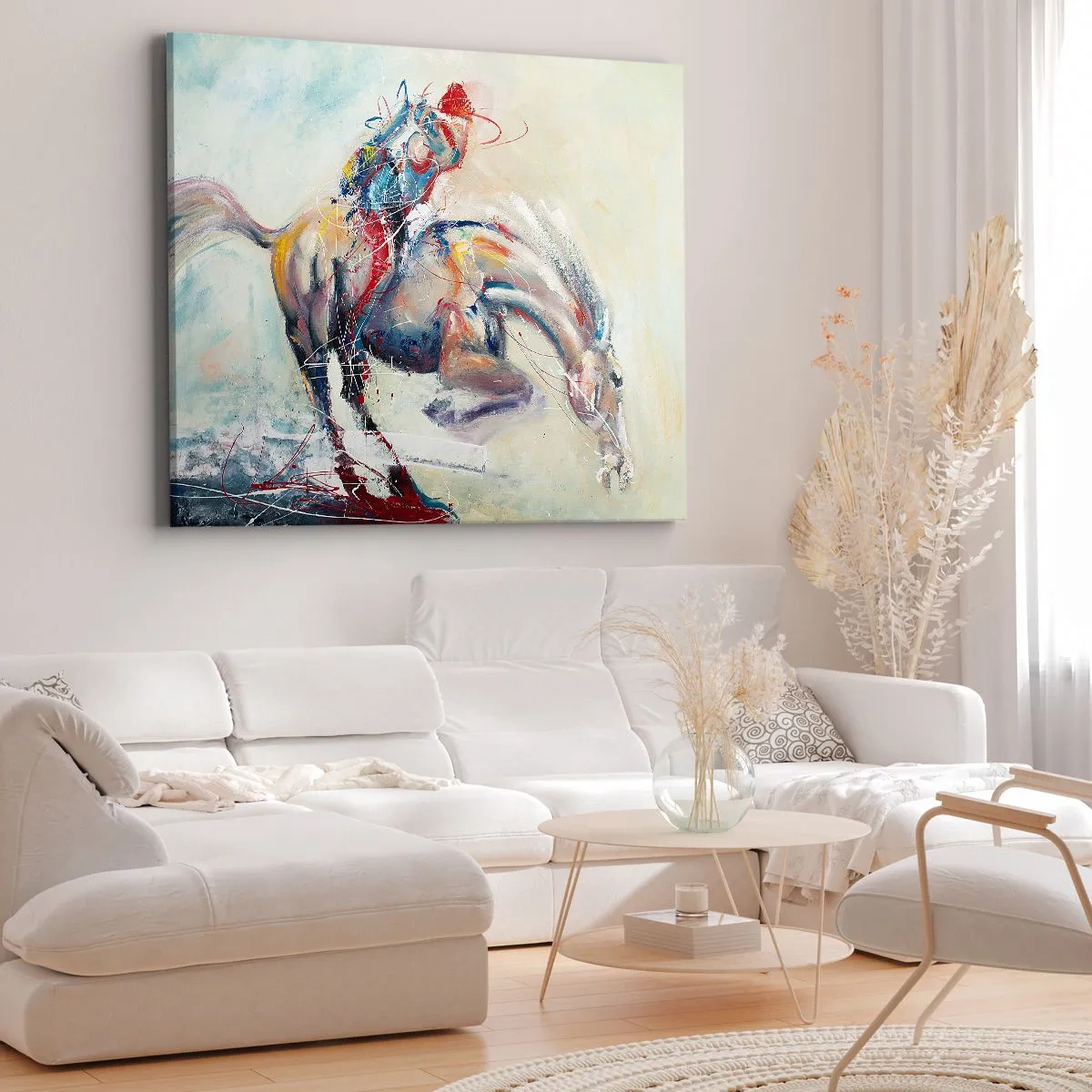 Bild auf Leinwand - Leinwandbild - Ein dynamisches Bild eines Pferdes in einem abstrakten künstlerischen Stil. - 70x50cm - Warte, wir gehen - Moderne Wanddekoration für Wohnzimmer und Schlafzimmer ARTTOR