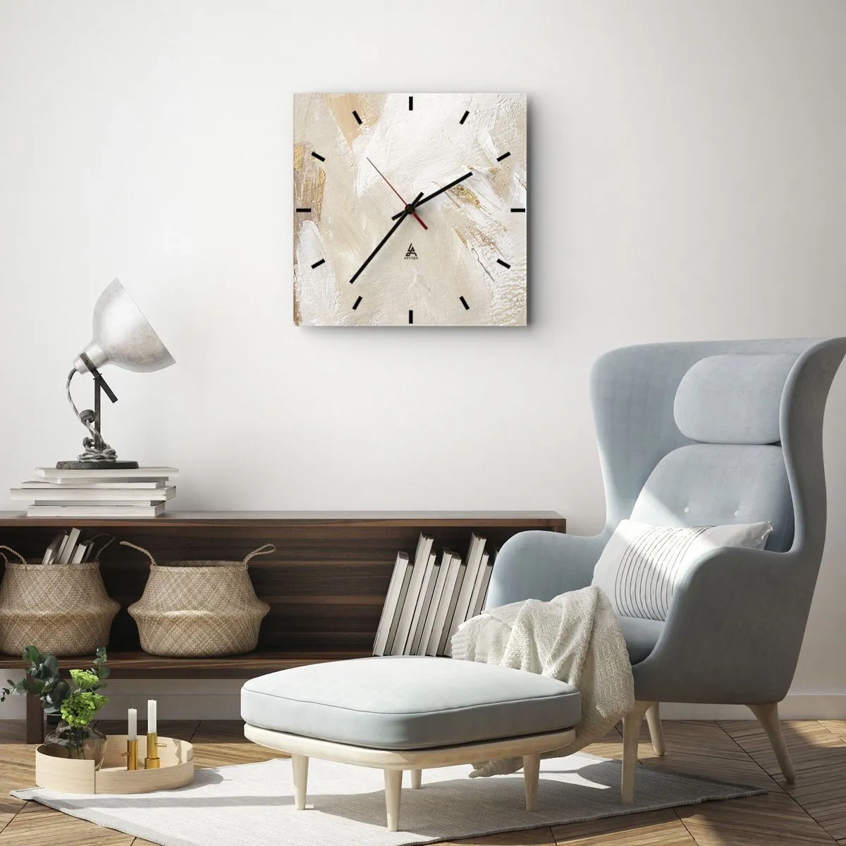 Wanduhr - Glasuhr - Zarte abstrakte Töne in Beige- und Goldtönen - 30x30cm - Pastellkomposition - Moderne Wanddekoration für Wohnzimmer und Schlafzimmer ARTTOR