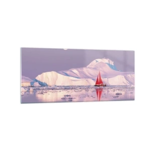 Glasbild - Bild auf glas - Ein rotes Segel vor der Kulisse eisiger Berge und eines Vollmonds. - 120x50cm - Die Hitze des Segels, die Kälte des Eises - Moderne Wanddekoration für Wohnzimmer und Schlafzimmer ARTTOR