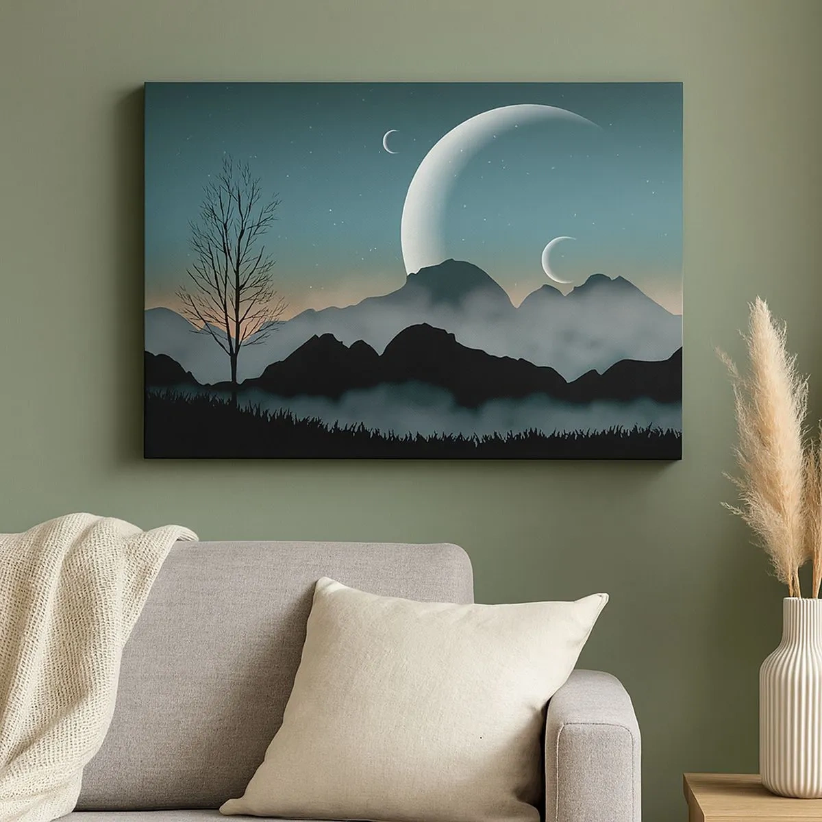 Bild auf Leinwand - Leinwandbild - Neblige Berge mit dem Mond und einem einsamen Baum - 70x50cm - Karneval in der Sternenacht - Moderne Wanddekoration für Wohnzimmer und Schlafzimmer ARTTOR