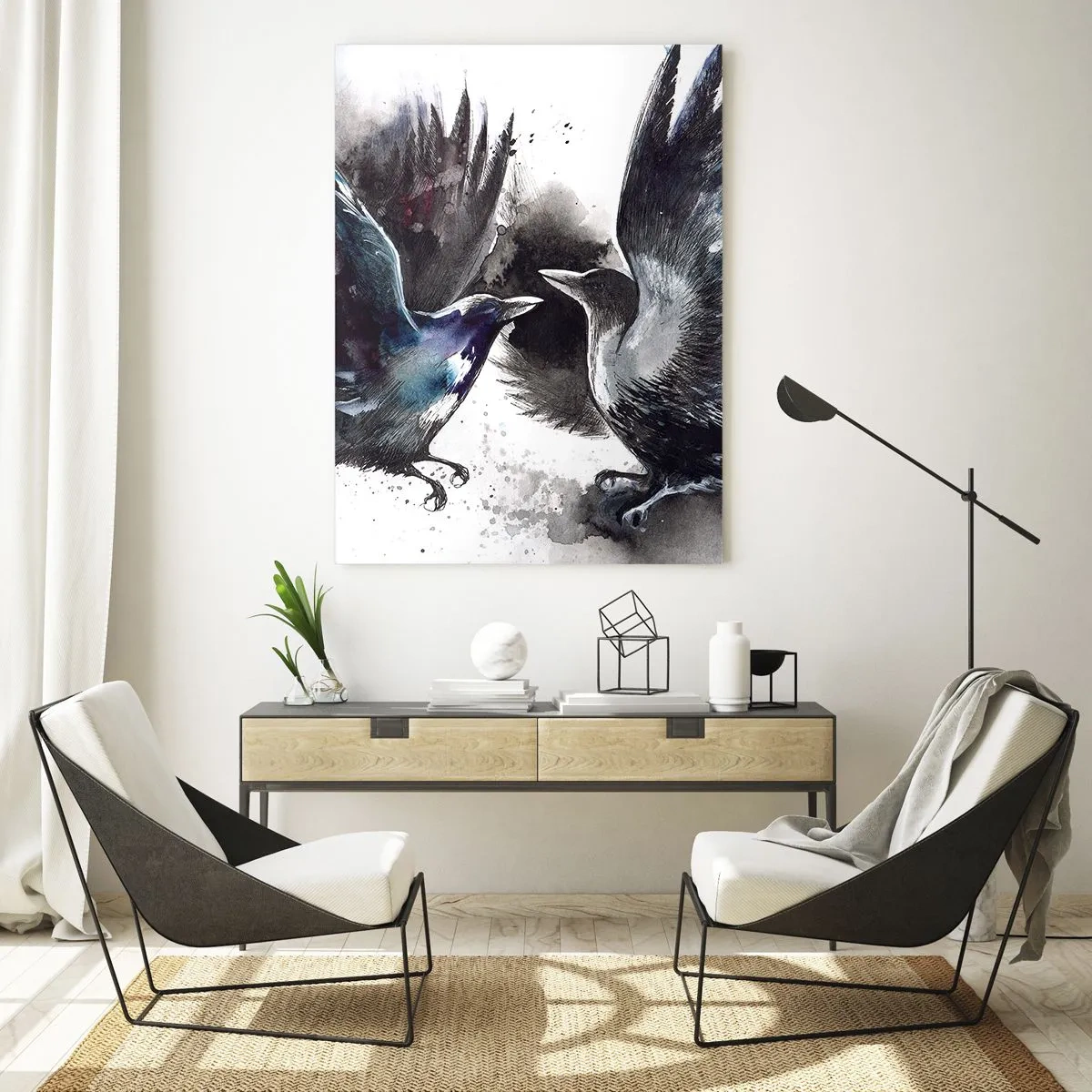 Glasbild - Bild auf glas - Künstlerische Raben in einer dynamischen Aquarellkomposition - 70x100cm - Rabe zum Raben ... - Moderne Wanddekoration für Wohnzimmer und Schlafzimmer ARTTOR