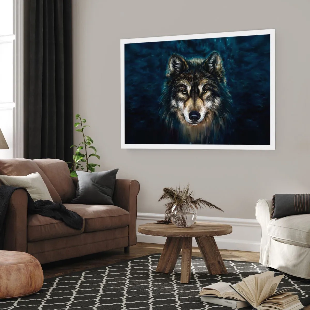 Poster - Porträt eines Wolfes auf dunkelblauem Hintergrund - 100x70cm - Alpha? Und Omega - Moderne Wanddekoration für Wohnzimmer und Schlafzimmer ARTTOR