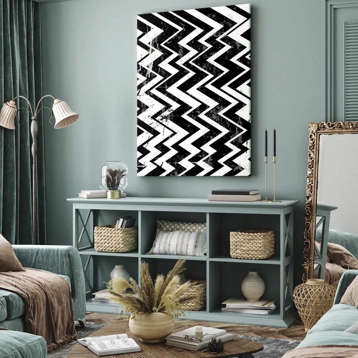 Bild auf Leinwand - Leinwandbild - Schwarz-weißes Zickzack-Muster mit kunstvollen Abschürfungen - 70x100cm - Zick-weiß, Zack-schwarz - Moderne Wanddekoration für Wohnzimmer und Schlafzimmer ARTTOR