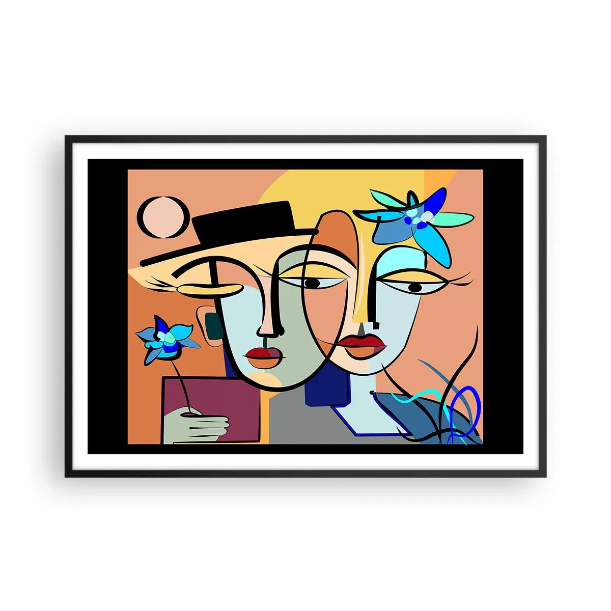 Poster in einem schwarzem Rahmen - Kubistische Porträts in leuchtenden Farben mit floralem Motiv - 100x70cm - Picassos randez vous - Moderne Wanddekoration für Wohnzimmer und Schlafzimmer ARTTOR