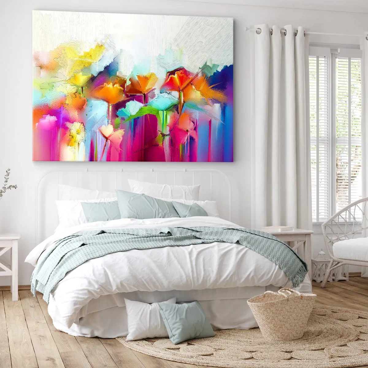 Bild auf Leinwand - Leinwandbild - Abstrakte bunte Blumen auf hellem Hintergrund - 100x70cm - Der Regenbogen ist aufgeblüht - Moderne Wanddekoration für Wohnzimmer und Schlafzimmer ARTTOR