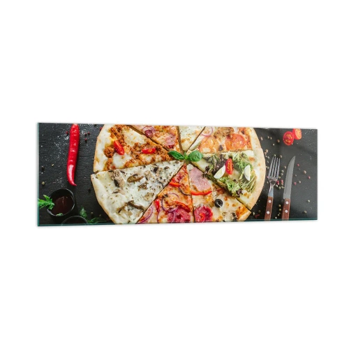 Glasbild - Bild auf glas - Pizza in verschiedenen Geschmacksrichtungen mit verschiedenen Belägen - 160x50cm - Eine Reihe von Geschmacksrichtungen - Moderne Wanddekoration für Wohnzimmer und Schlafzimmer ARTTOR