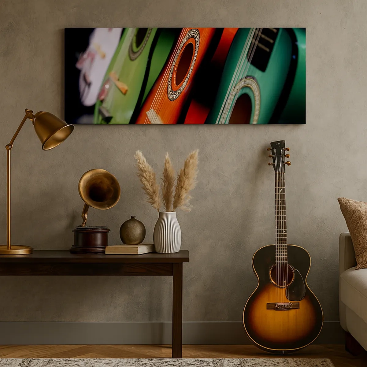 Bild auf Leinwand - Leinwandbild - Die Gitarre hat viele Farben - 30x30 cm