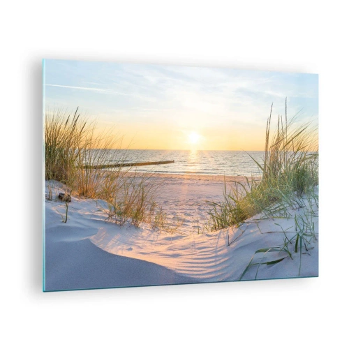 Glasbild - Bild auf glas - Sonnenuntergangsstrand mit Blick auf das Meer und Dünengräser - 70x50cm - Das Rauschen des Meeres, der Gesang der Vögel, ein wilder Strand im Gras ... - Moderne Wanddekoration für Wohnzimmer und Schlafzimmer ARTTOR