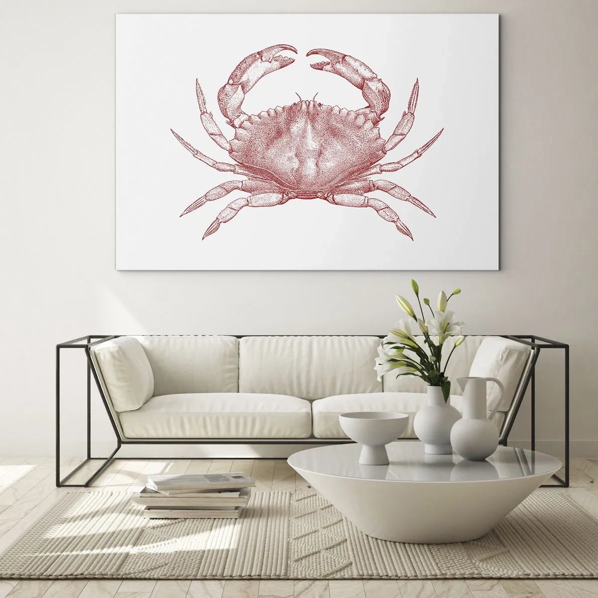 Glasbild - Bild auf glas - Skizze einer roten Krabbe auf hellem Hintergrund im Retro-Stil - 70x50cm - Krabbe aller Krabben - Moderne Wanddekoration für Wohnzimmer und Schlafzimmer ARTTOR
