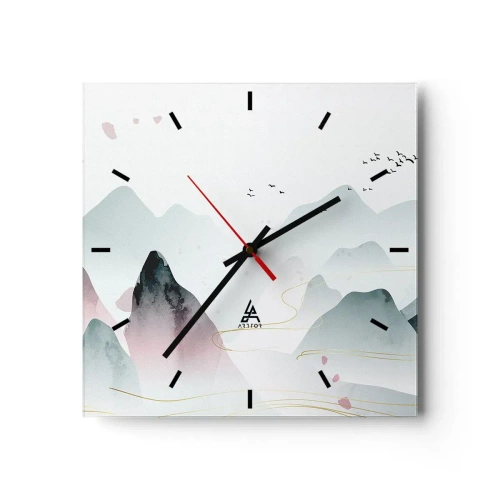Wanduhr - Glasuhr - Abstrakte Berge in Pastelltönen - 30x30cm - Über die Gipfel - Moderne Wanddekoration für Wohnzimmer und Schlafzimmer ARTTOR