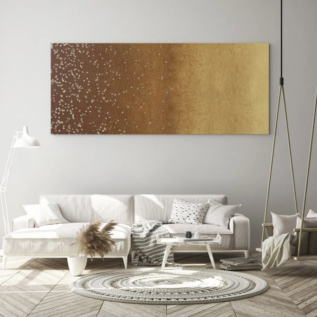 Glasbild - Bild auf glas - Ein goldener Farbverlauf mit dezentem Schimmer und Verzierung - 140x50cm - Die Geburt des Lichts - Moderne Wanddekoration für Wohnzimmer und Schlafzimmer ARTTOR