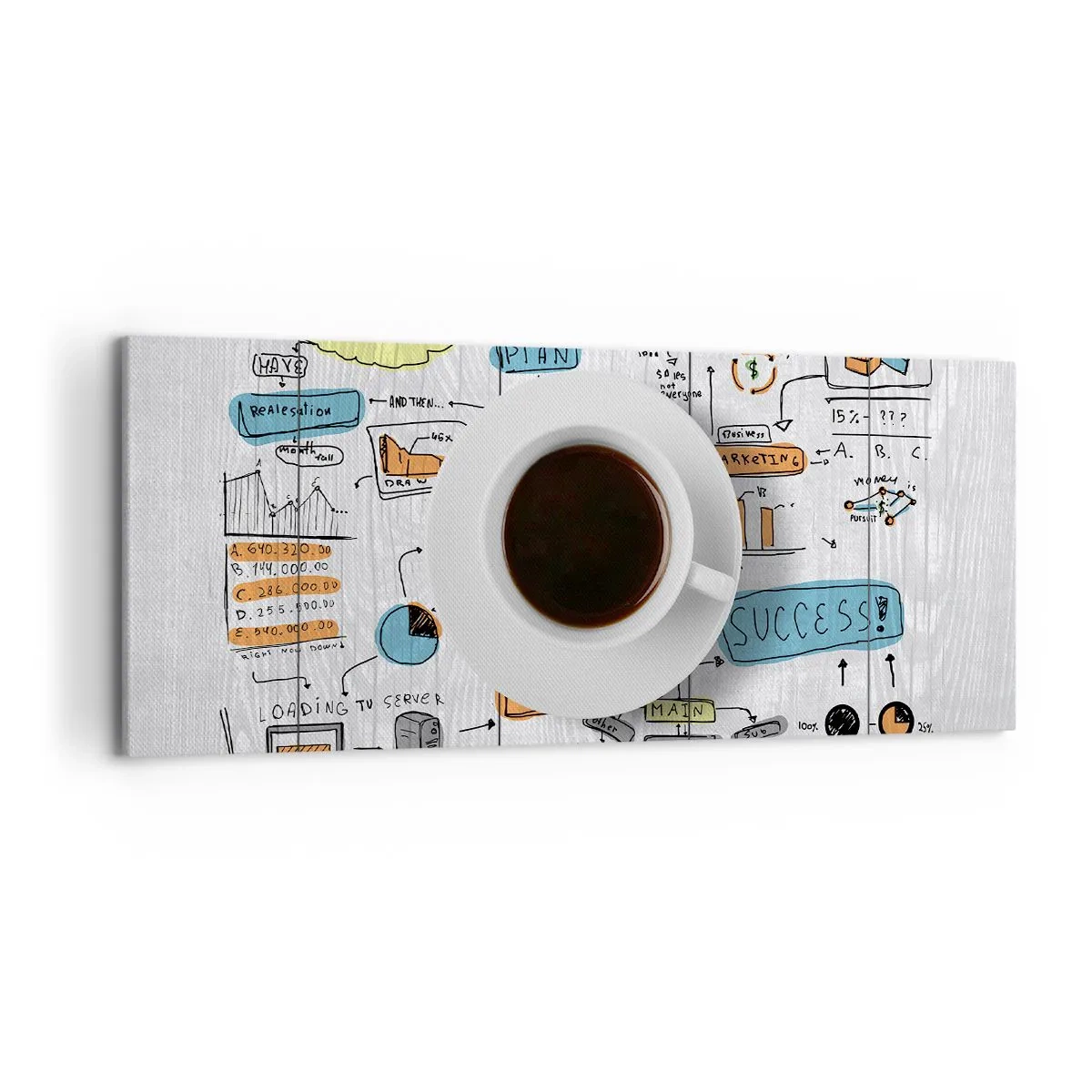 Bild auf Leinwand - Leinwandbild - Eine Tasse Kaffee vor dem Hintergrund einer konzeptionellen Zeichnung - 120x50cm - Zeit für eine Pause - Moderne Wanddekoration für Wohnzimmer und Schlafzimmer ARTTOR