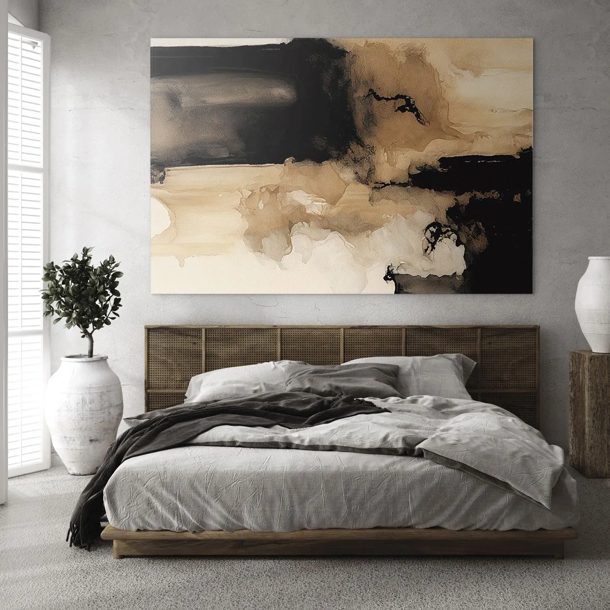 Glasbild - Bild auf glas - Eine abstrakte Form in Schwarz und Braun auf hellem Hintergrund - 70x50cm - Faszinierende Abstraktion - Moderne Wanddekoration für Wohnzimmer und Schlafzimmer ARTTOR
