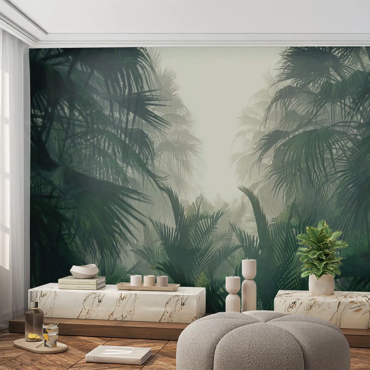 Fototapete Premium Sand - Ein dichter tropischer Dschungel, in Nebel gehüllt - 100x70cm - Tropisches Geheimnis - Moderne Wanddekoration für Wohnzimmer und Schlafzimmer ARTTOR