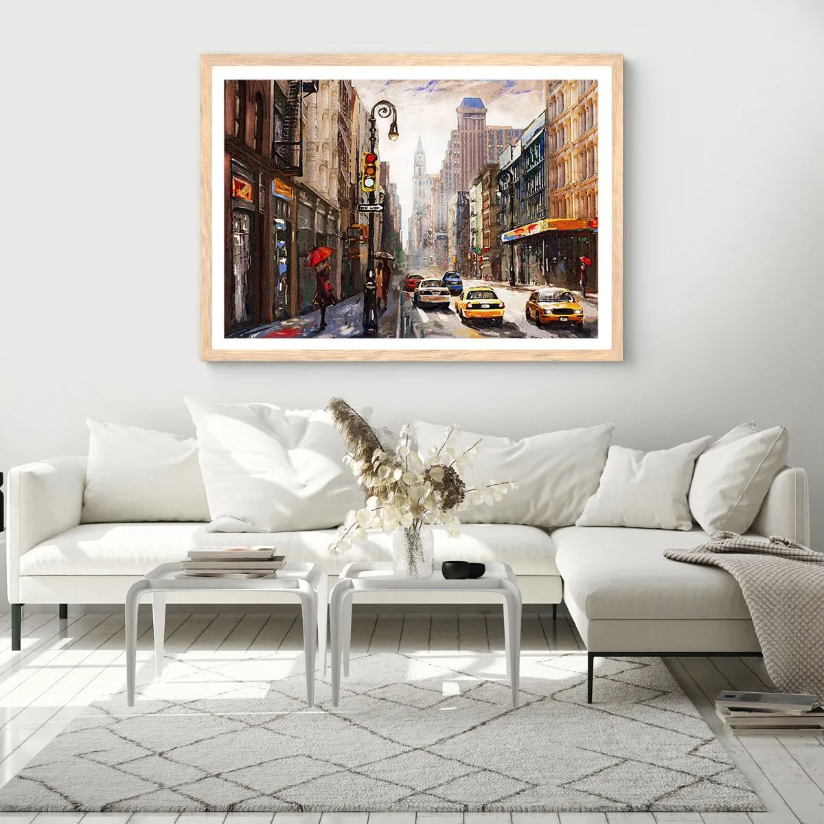 Poster in einem Rahmen aus heller Eiche - New York - auch im Regen bunt - 91x61 cm