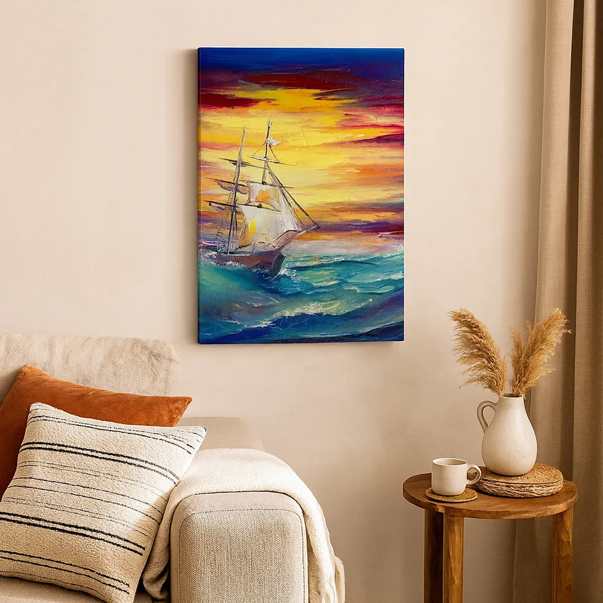 Bild auf Leinwand - Leinwandbild - Ein Segelschiff vor der Kulisse eines farbenfrohen Sonnenuntergangs - 50x70cm - Tapfer unter den Wellen - Moderne Wanddekoration für Wohnzimmer und Schlafzimmer ARTTOR
