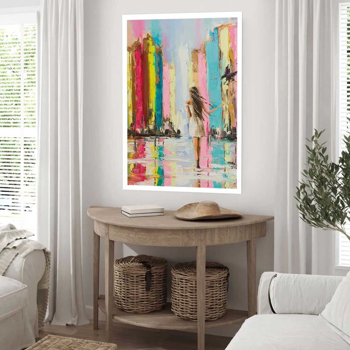 Poster - Eine Frau zwischen farbenfrohen Gebäuden im impressionistischen Stil - 50x70cm - Folge mir - Moderne Wanddekoration für Wohnzimmer und Schlafzimmer ARTTOR