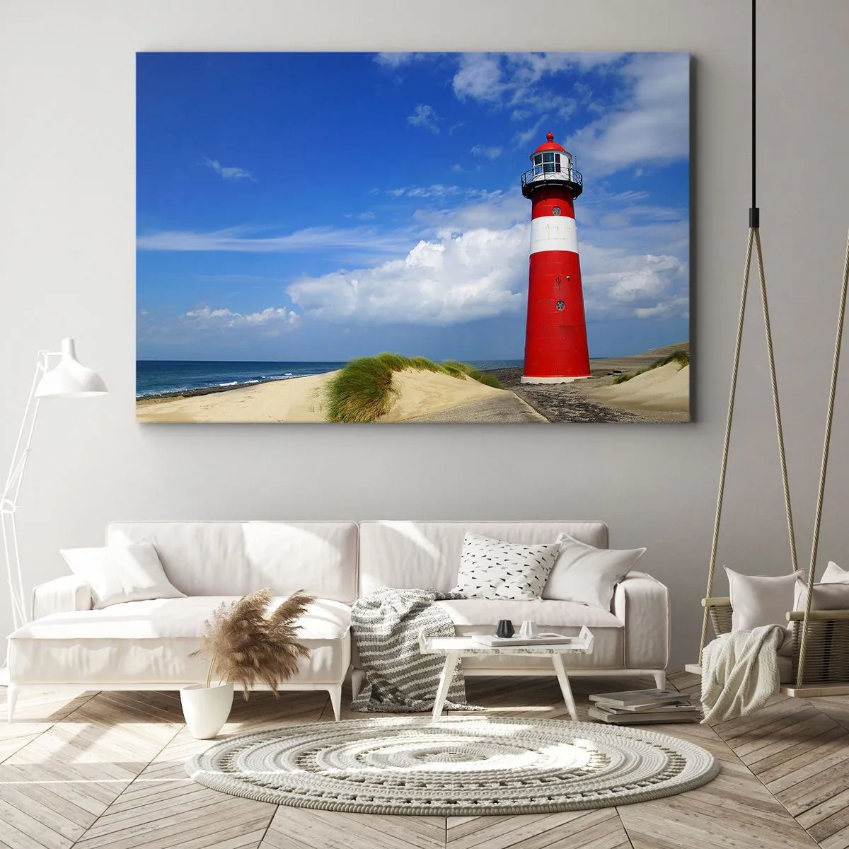 Bild auf Leinwand - Leinwandbild - Roter Leuchtturm am Strand unter blauem Himmel - 70x50cm - Traum Einsamkeit - Moderne Wanddekoration für Wohnzimmer und Schlafzimmer ARTTOR