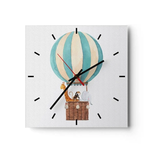 Wanduhr - Glasuhr - Ein Ballon mit süßen Tieren in Pastellfarben - 30x30cm - Fantastische Reise - Moderne Wanddekoration für Wohnzimmer und Schlafzimmer ARTTOR