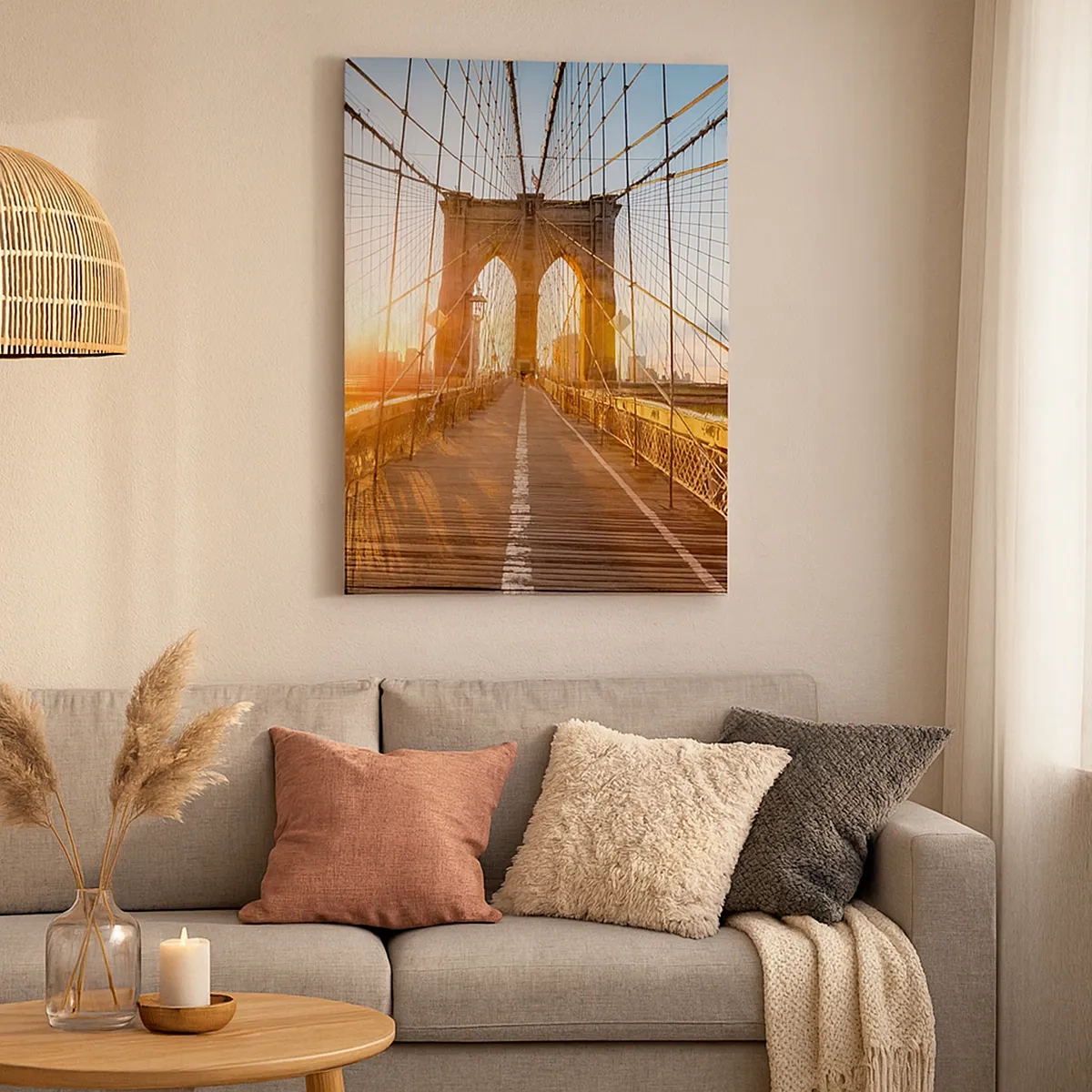 Bild auf Leinwand - Leinwandbild - Die Brücke im Licht der untergehenden Sonne mit Blick auf die Stadt - 50x70cm - Auf der goldenen Brücke - Moderne Wanddekoration für Wohnzimmer und Schlafzimmer ARTTOR