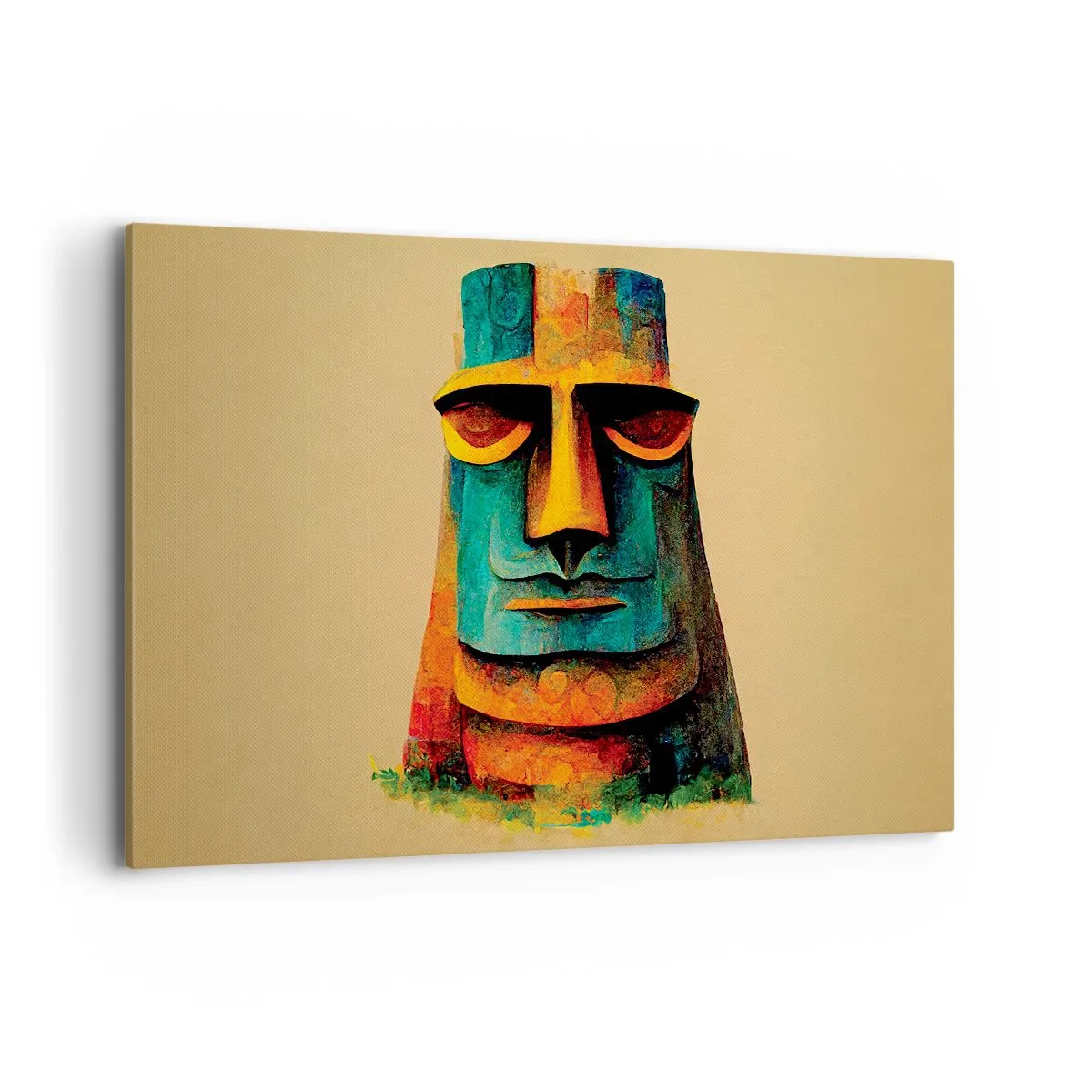 Bild auf Leinwand - Leinwandbild - Bunte Statue von der Osterinsel - 120x80cm - Statuenhaft und sympathisch - Moderne Wanddekoration für Wohnzimmer und Schlafzimmer ARTTOR