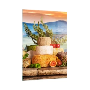 Glasbild - Bild auf glas - Eine Komposition aus Käse und Früchten vor der Kulisse der toskanischen Landschaft - 50x70cm - Die italienische Lebensfreude - Moderne Wanddekoration für Wohnzimmer und Schlafzimmer ARTTOR