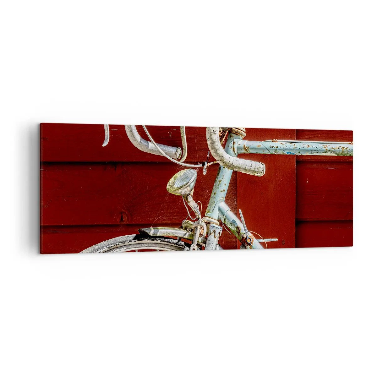 Bild auf Leinwand - Leinwandbild - Ein Vintage-Fahrrad vor einer roten Holzwand - 140x50cm - Geschaffen um zu siegen - Moderne Wanddekoration für Wohnzimmer und Schlafzimmer ARTTOR