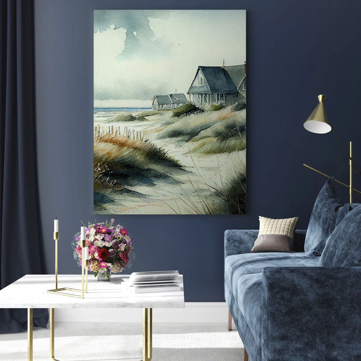 Glasbild - Bild auf glas - Ein Haus am Meer, umgeben von Gras und mit Blick auf das Meer - 80x120cm - Abseits vom Trubel - Moderne Wanddekoration für Wohnzimmer und Schlafzimmer ARTTOR