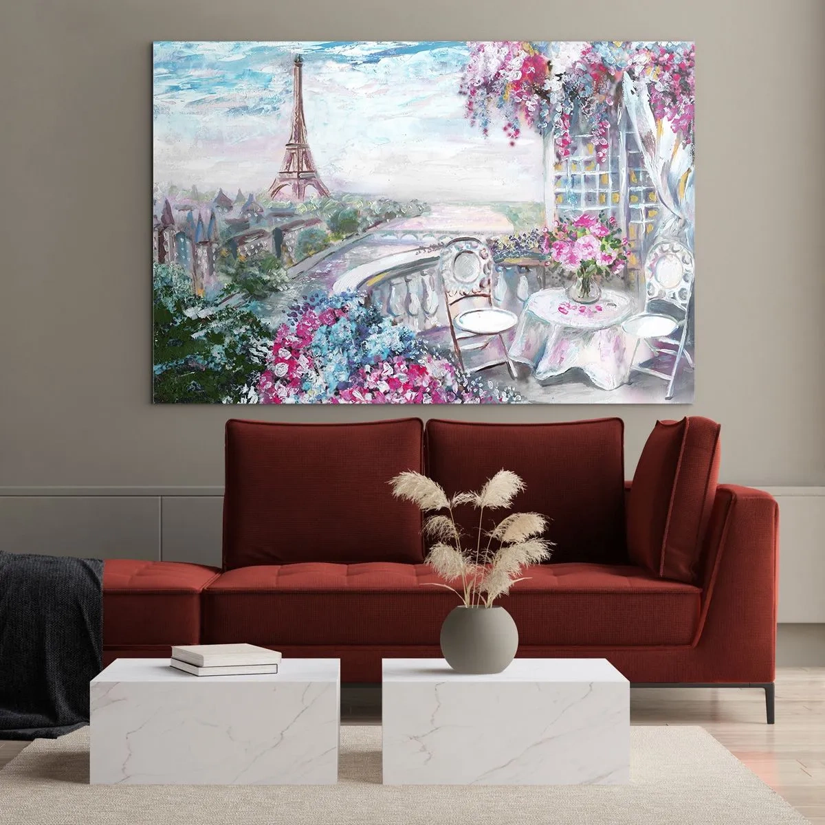 Glasbild - Bild auf glas - Illustration einer Ansicht des Eiffelturms mit einem Balkon voller Blumen - 70x50cm - Am schönsten ist es hier im Mai - Moderne Wanddekoration für Wohnzimmer und Schlafzimmer ARTTOR