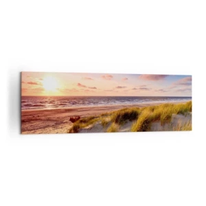 Bild auf Leinwand - Leinwandbild - Ein grasbewachsener Strand und ein Sonnenuntergang über einem ruhigen Meer - 160x50cm - Die Luft riecht schon im Sommer - Moderne Wanddekoration für Wohnzimmer und Schlafzimmer ARTTOR