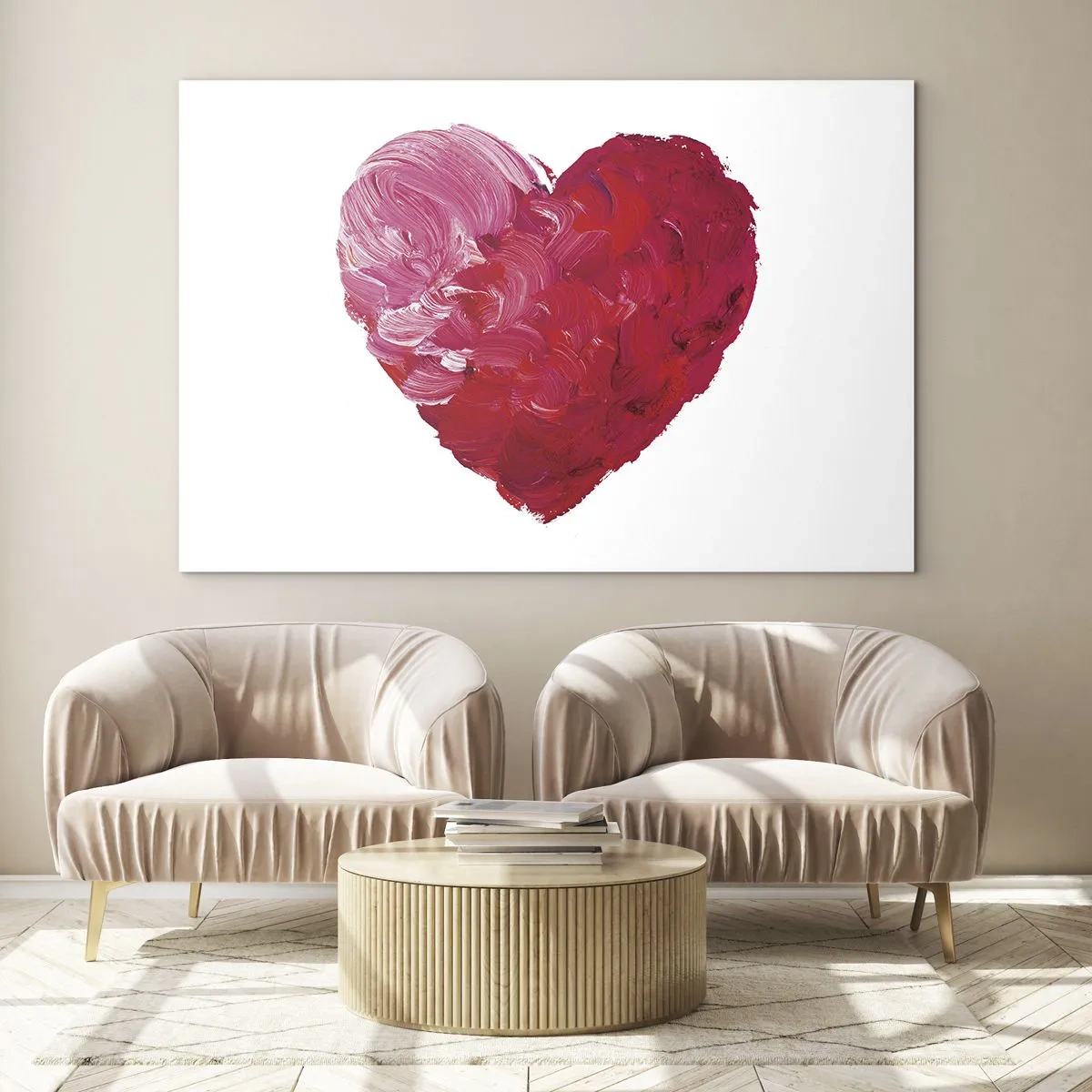 Glasbild - Bild auf glas - Abstraktes Herz mit roten Strichen gemalt - 70x50cm - Alles was du brauchst ist Liebe - Moderne Wanddekoration für Wohnzimmer und Schlafzimmer ARTTOR