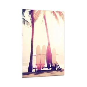 Glasbild - Bild auf glas - Palmen und Surfbretter am Strand im Sonnenschein - 80x120cm - Es wird ein toller Tag - Moderne Wanddekoration für Wohnzimmer und Schlafzimmer ARTTOR