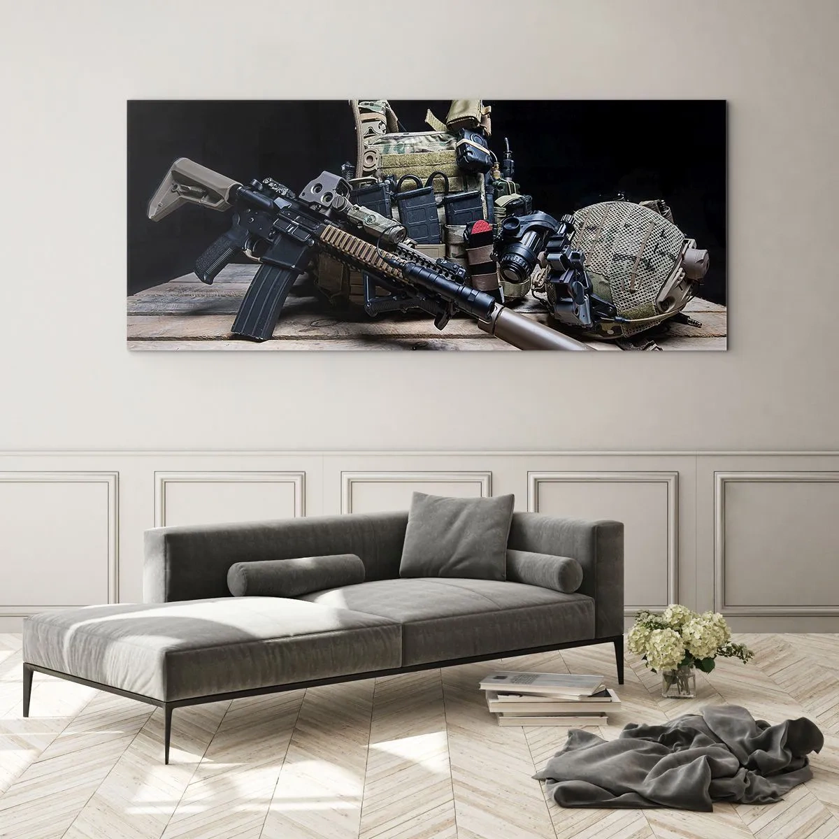 Glasbild - Bild auf glas - Taktische Ausrüstung mit einem Gewehr auf einem Holztisch - 120x50cm - Sich ausruhen! - Moderne Wanddekoration für Wohnzimmer und Schlafzimmer ARTTOR