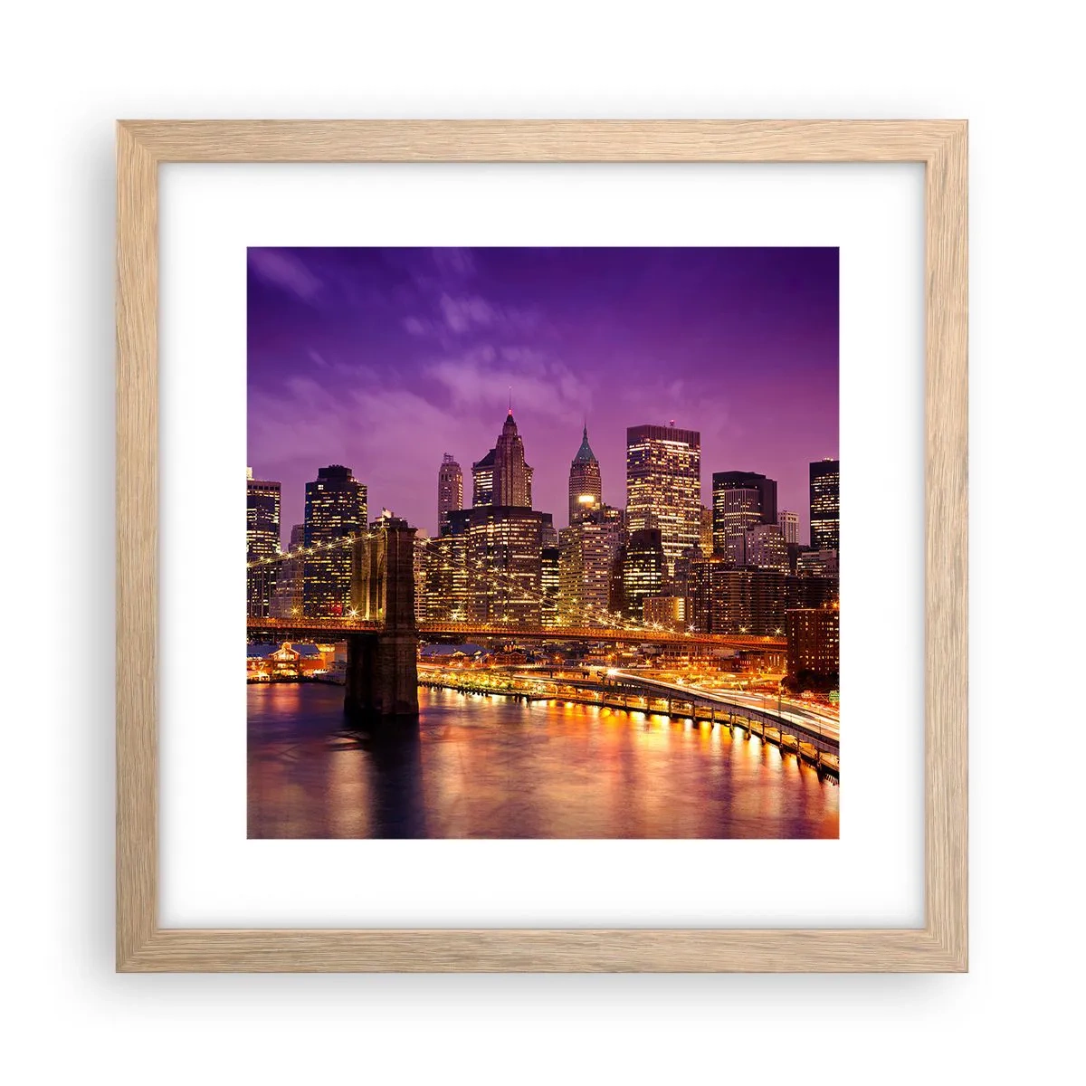 Poster in einem Rahmen aus heller Eiche - Violett-goldenes Manhathann - 30x30 cm