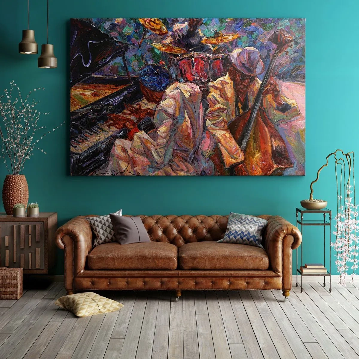Bild auf Leinwand - Leinwandbild - Energetische Jazzszene mit Musikern und Instrumenten - 70x50cm - In einem Schlag - Moderne Wanddekoration für Wohnzimmer und Schlafzimmer ARTTOR