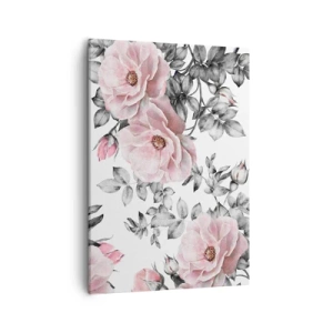 Bild auf Leinwand - Leinwandbild - Rosa Rosen und Blätter auf einem zarten schwarz-weißen Hintergrund - 50x70cm - Verliere dich in den Blüten der Rosen - Moderne Wanddekoration für Wohnzimmer und Schlafzimmer ARTTOR