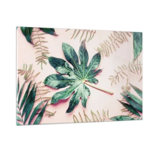 Glasbild - Bild auf glas - Tropische Blätter auf pastellfarbenem Hintergrund - 120x80cm - Eine Studie von Grün auf einem rosa Hintergrund - Moderne Wanddekoration für Wohnzimmer und Schlafzimmer ARTTOR
