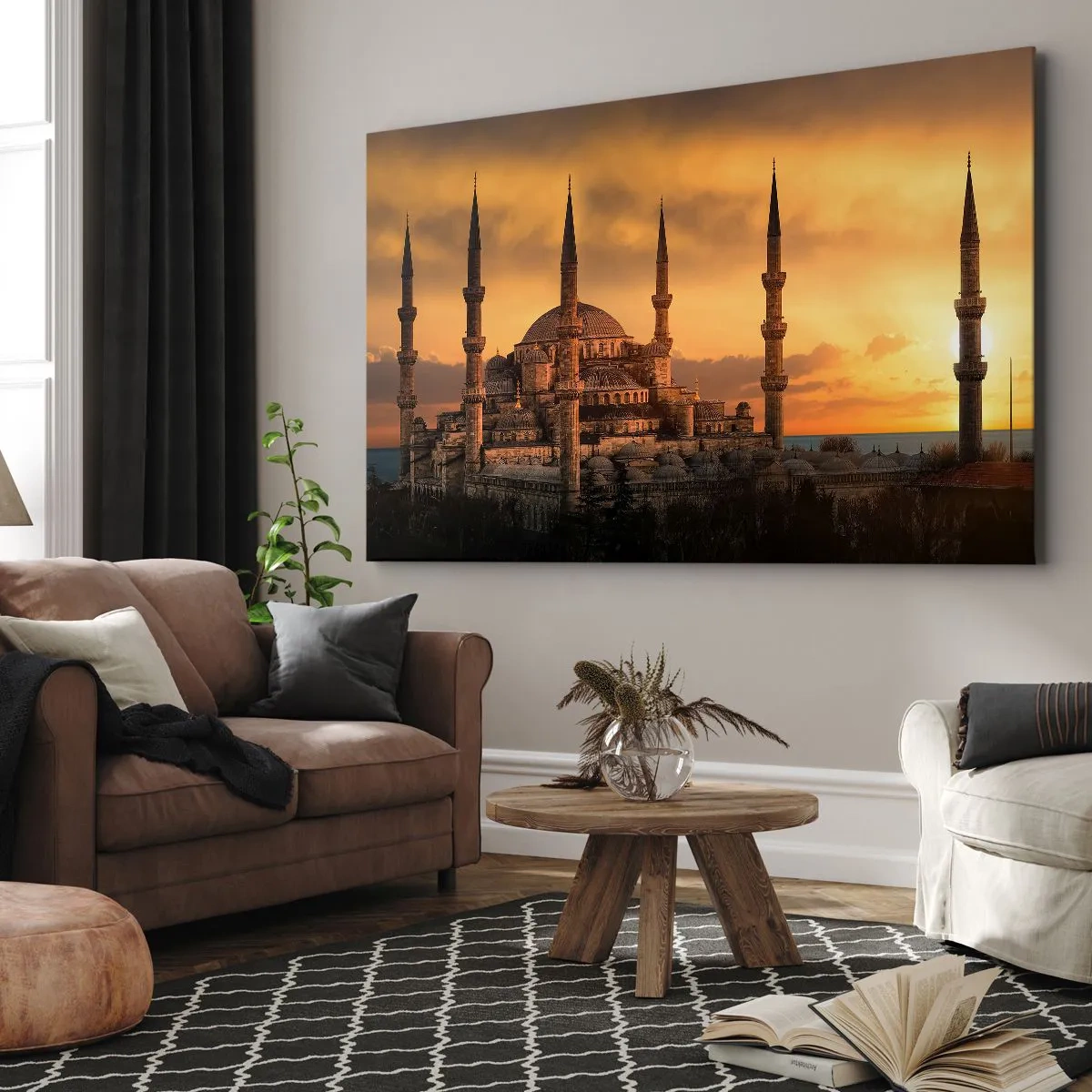 Bild auf Leinwand - Leinwandbild - Die Moschee bei Sonnenuntergang in warmen Farben - 70x50cm - Gott ist großartig - Moderne Wanddekoration für Wohnzimmer und Schlafzimmer ARTTOR