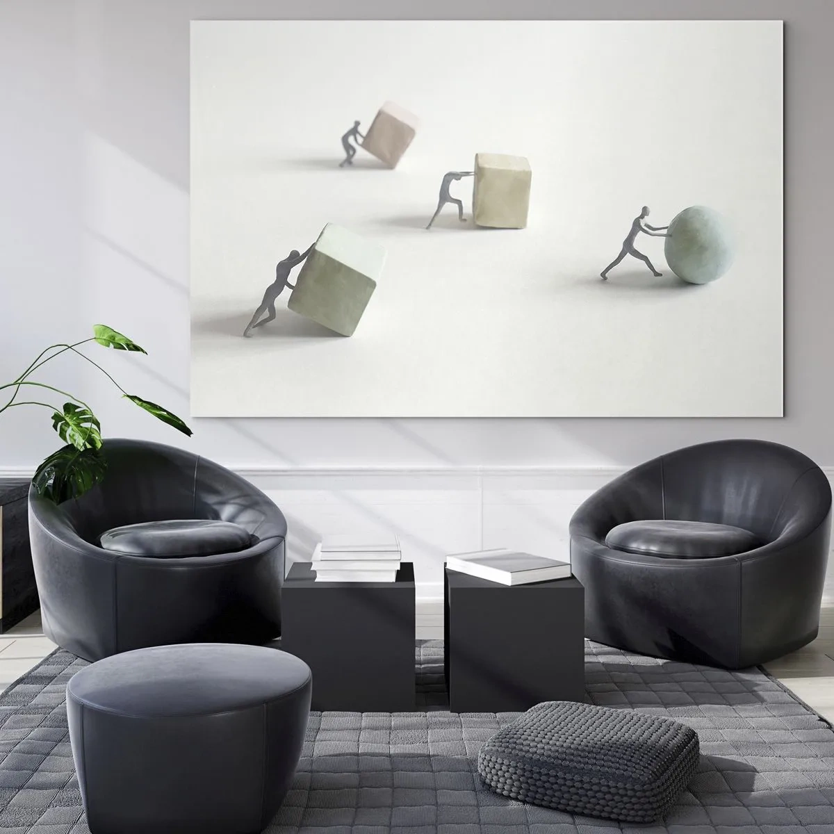 Glasbild - Bild auf glas - Miniaturfiguren rollen und schieben geometrische Formen. - 100x70cm - Pures Leben - Moderne Wanddekoration für Wohnzimmer und Schlafzimmer ARTTOR