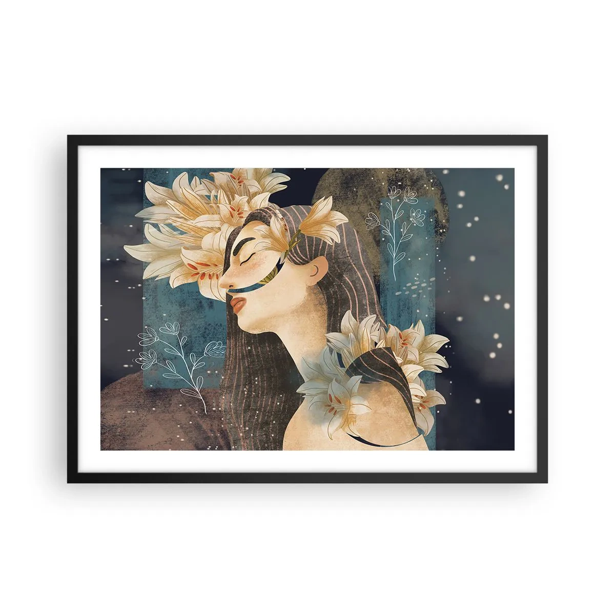 Poster in einem schwarzem Rahmen - Porträt einer Frau mit Blumen im künstlerischen Stil auf dunklem Hintergrund - 70x50cm - Ein Märchen über eine Prinzessin mit Lilien - Moderne Wanddekoration für Wohnzimmer und Schlafzimmer ARTTOR