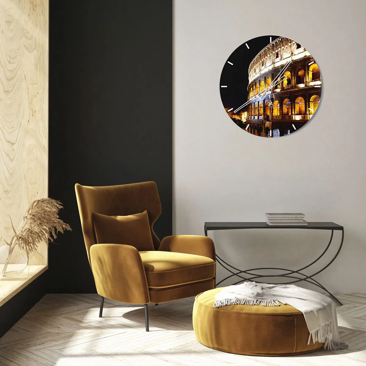 Wanduhr - Glasuhr - Das Kolosseum beleuchtet bei Nacht vor einem schwarzen Hintergrund - 30x30cm - Es ist Zeit, die Spiele zu beginnen - Moderne Wanddekoration für Wohnzimmer, Küche und Schlafzimmer ARTTOR