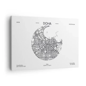 Bild auf Leinwand - Leinwandbild - Eine minimalistische Karte von Doha in Schwarzweiß mit präzisen Details. - 70x50cm - Anatomie von Doha - Moderne Wanddekoration für Wohnzimmer und Schlafzimmer ARTTOR