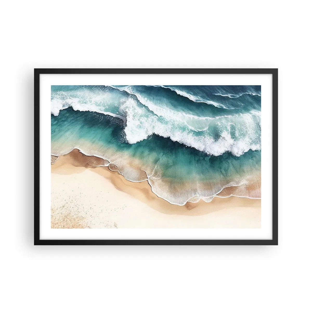 Poster in einem schwarzem Rahmen - Blick auf den Strand und die Meereswellen in Türkistönen - 70x50cm - Das ewige Treffen - Moderne Wanddekoration für Wohnzimmer und Schlafzimmer ARTTOR