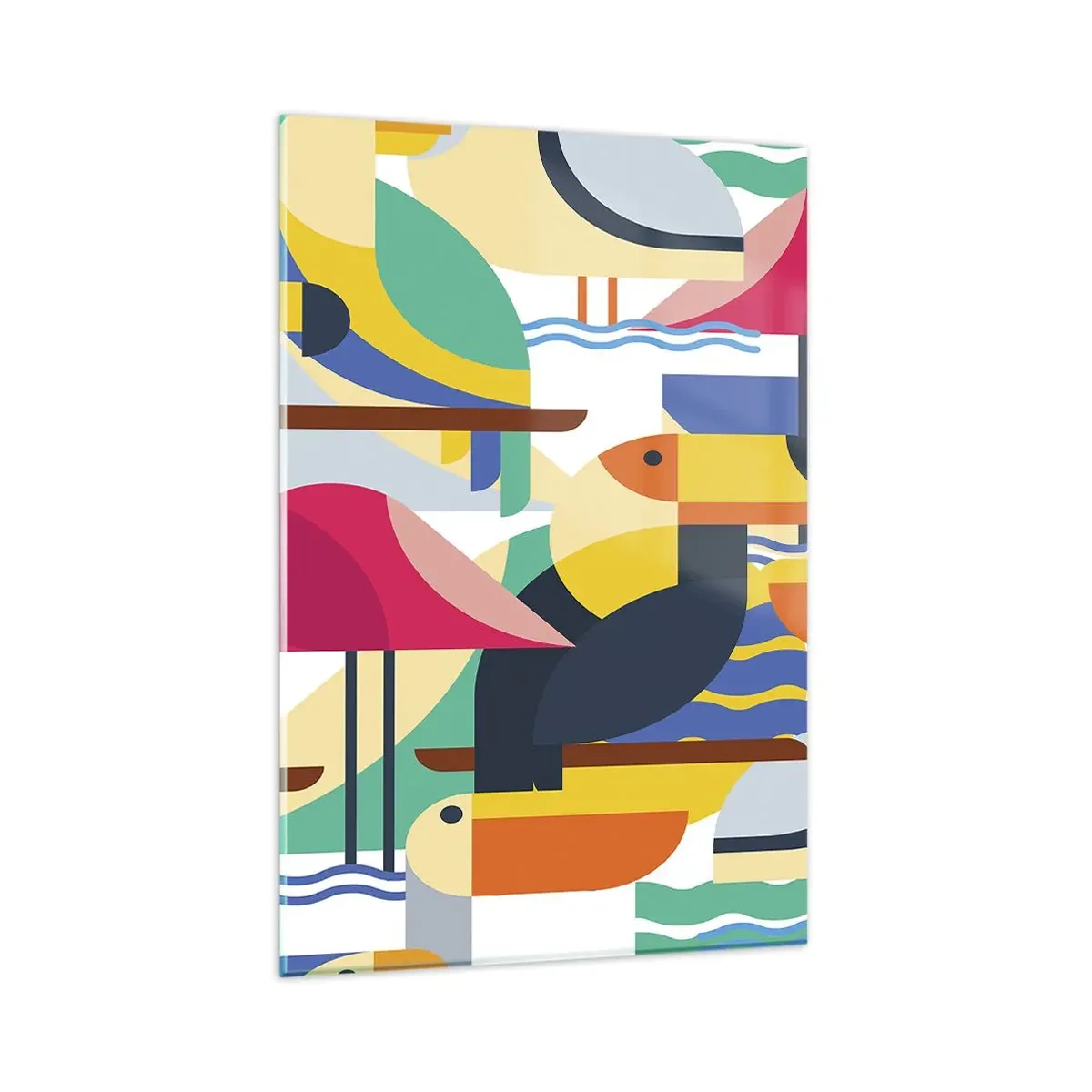 Glasbild - Bild auf glas - Bunte Vögel in einer abstrakten, geometrischen Komposition - 80x120cm - Vogelparty - Moderne Wanddekoration für Wohnzimmer und Schlafzimmer ARTTOR