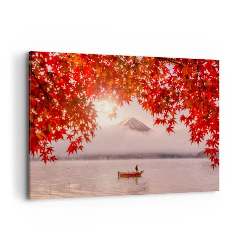 Bild auf Leinwand - Leinwandbild - Ein Boot auf einem See, umgeben von roten Ahornblättern - 120x80cm - Im japanischen Klima - Moderne Wanddekoration für Wohnzimmer und Schlafzimmer ARTTOR