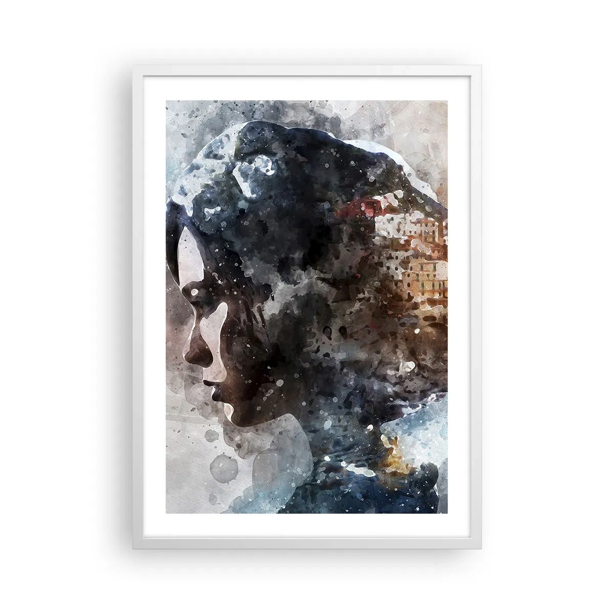 Poster in einem weißen Rahmen - Eine Geschichte über ein Mädchen mit einer Stadt im Hintergrund - 50x70 cm