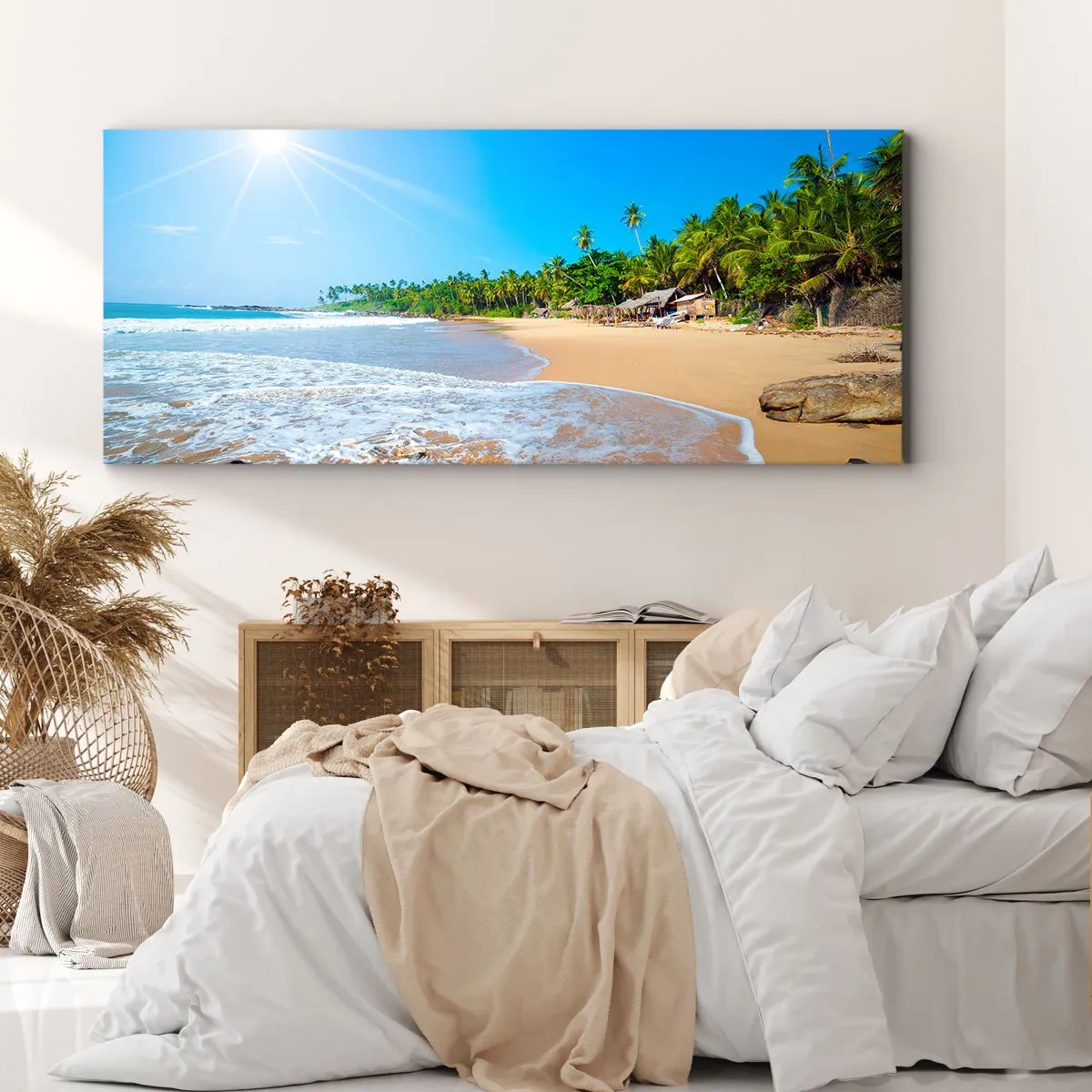 Bild auf Leinwand - Leinwandbild - Tropischer Strand mit Palmen und blauem Himmel - 160x50cm - Ein exotischer Ort für dich - Moderne Wanddekoration für Wohnzimmer und Schlafzimmer ARTTOR