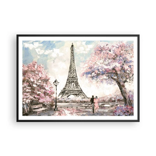 Poster in einem schwarzem Rahmen - Der Eiffelturm, umgeben von blühenden Bäumen - 100x70cm - Aprilspaziergang durch Paris - Moderne Wanddekoration für Wohnzimmer und Schlafzimmer ARTTOR