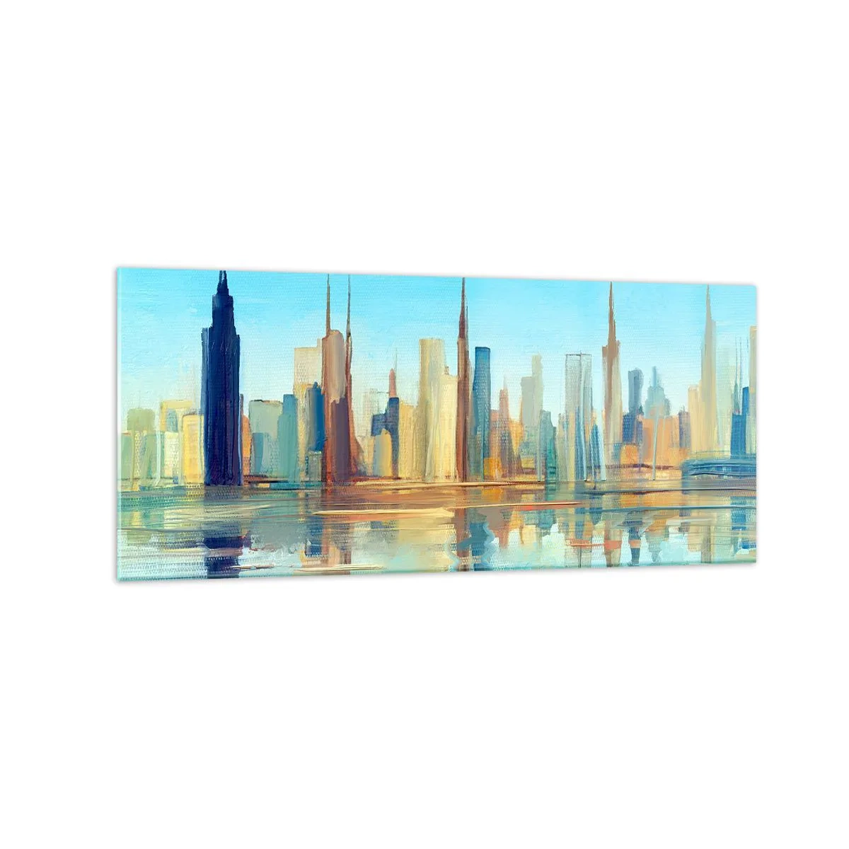 Glasbild - Bild auf glas - Ein Panorama der Stadt in warmen Farben mit Spiegelung im Wasser - 120x50cm - Sonnige Metropole - Moderne Wanddekoration für Wohnzimmer und Schlafzimmer ARTTOR