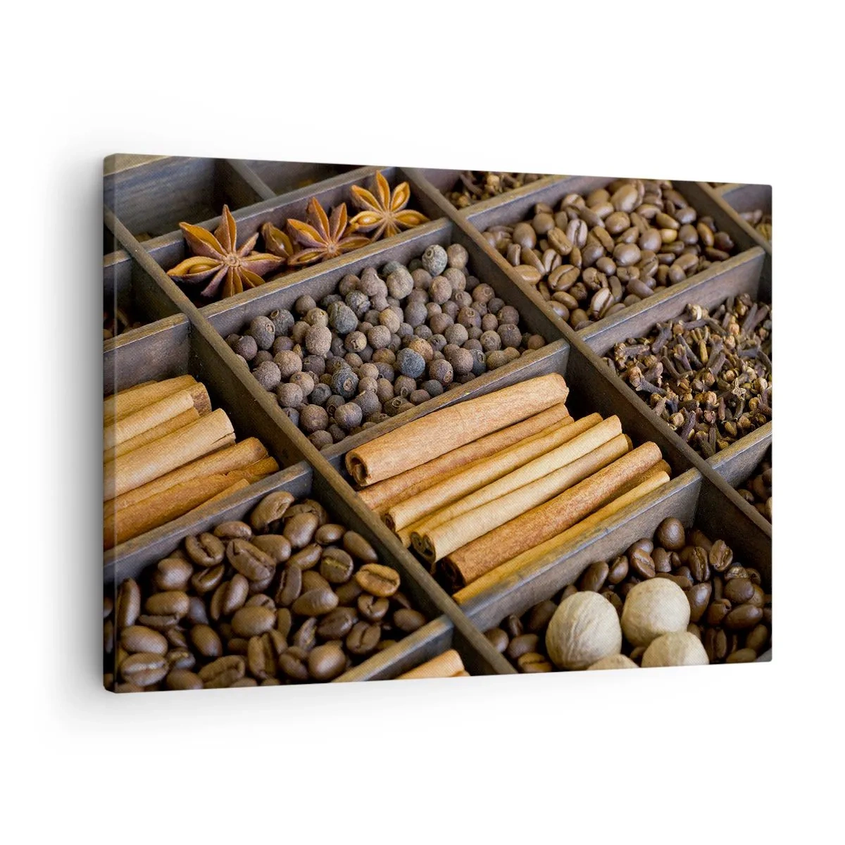 Bild auf Leinwand - Leinwandbild - Gewürze und Kaffee in Holzfächern - 70x50cm - Eine Fundgrube an Aromen - Moderne Wanddekoration für Wohnzimmer und Schlafzimmer ARTTOR